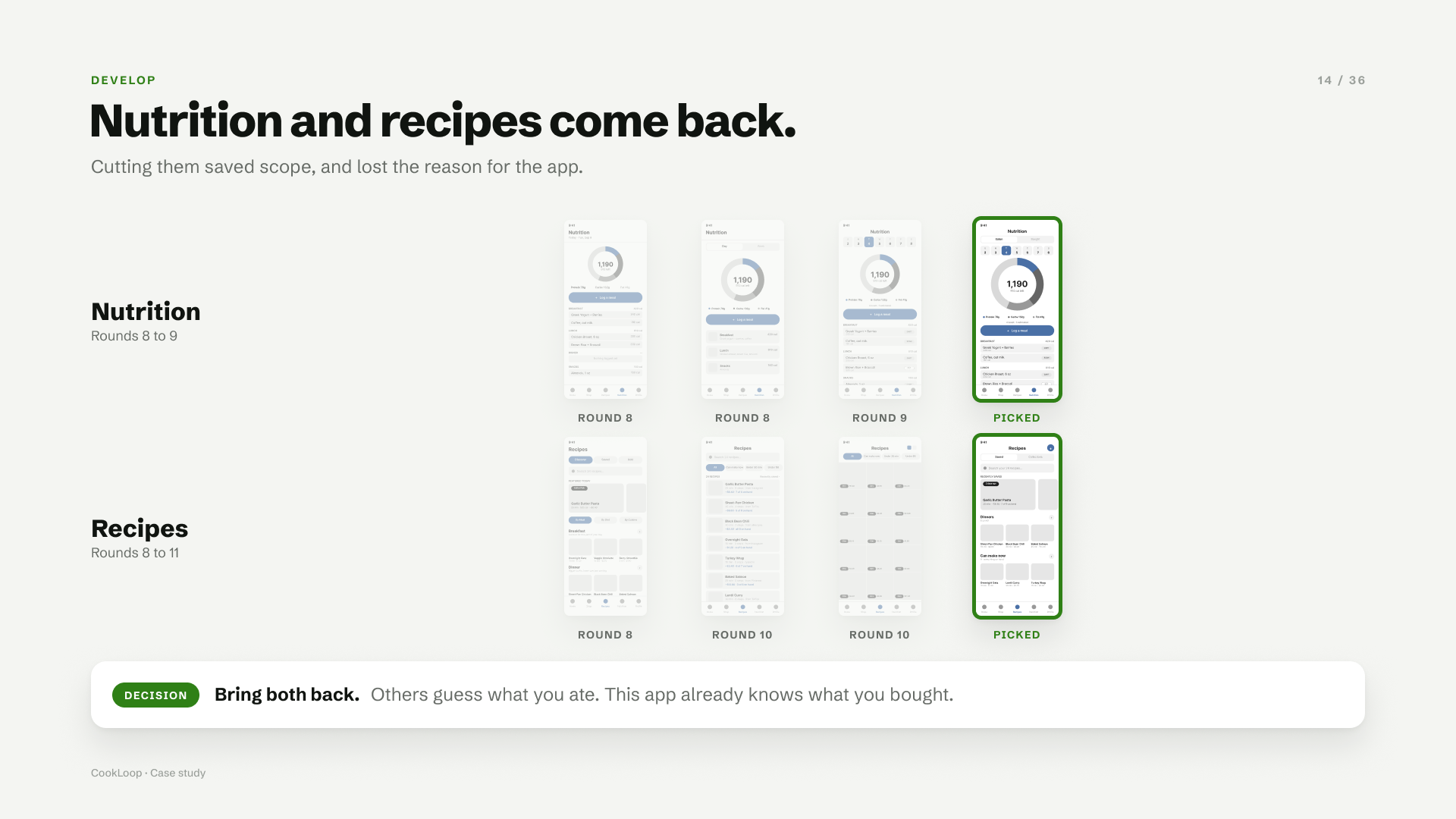 Nutrition rounds 8 to 9 and Recipes rounds 8 to 11, with the picked version of each outlined
