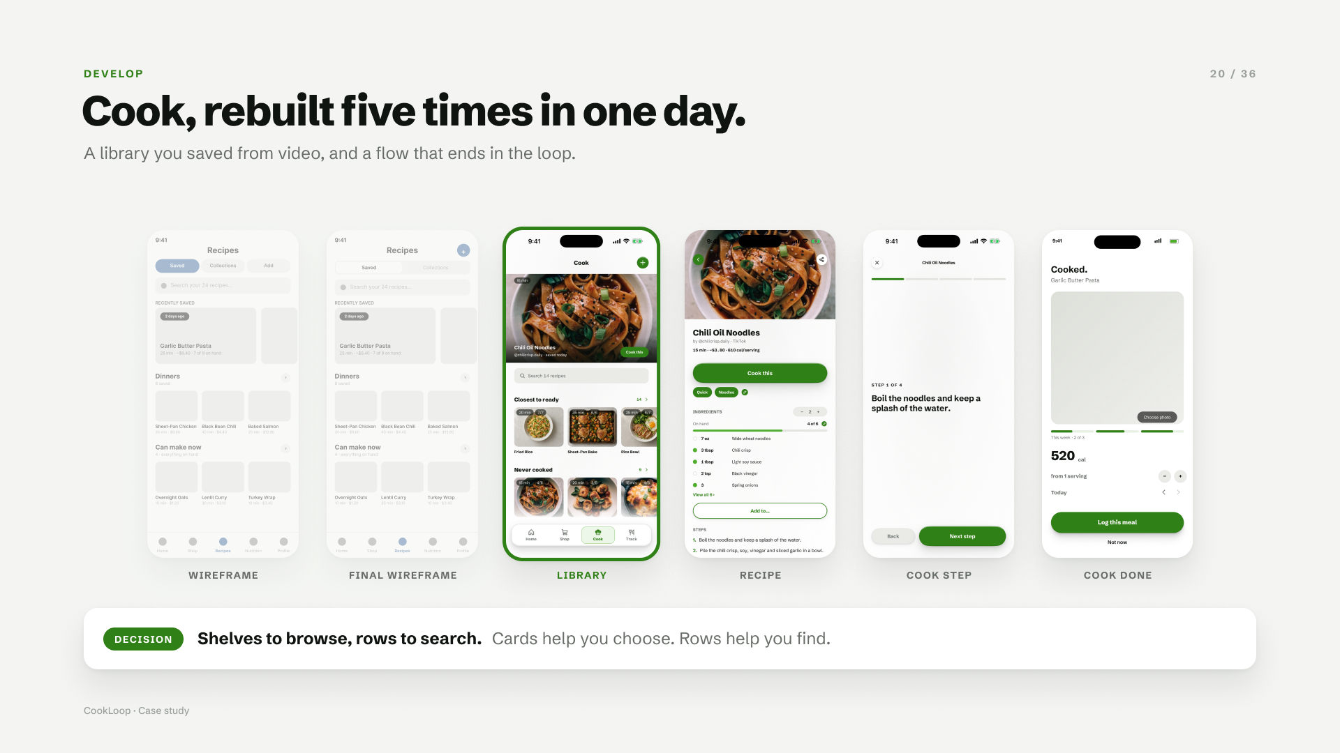Cook from wireframe to final: the library, a recipe, a cook step and cook done