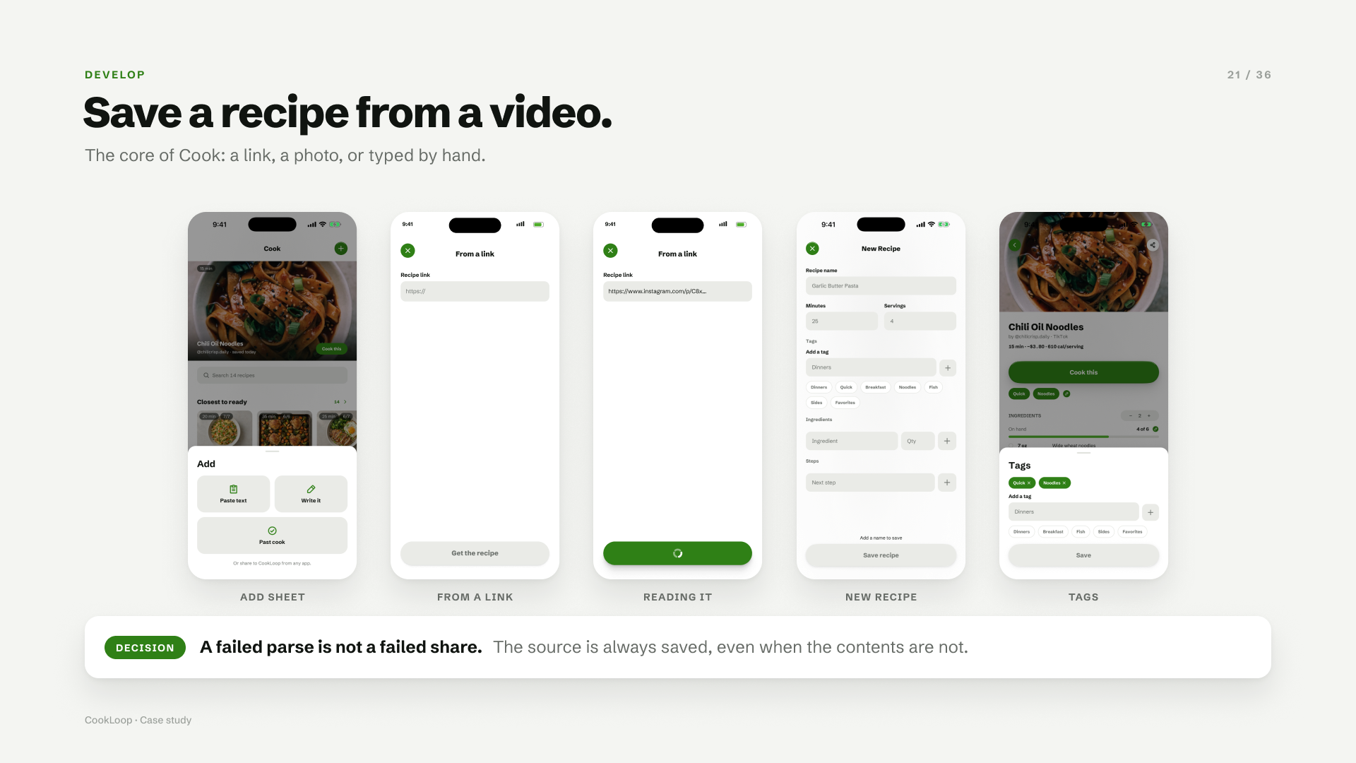 Saving a recipe: the add sheet, from a link, reading it, a new recipe, and tags