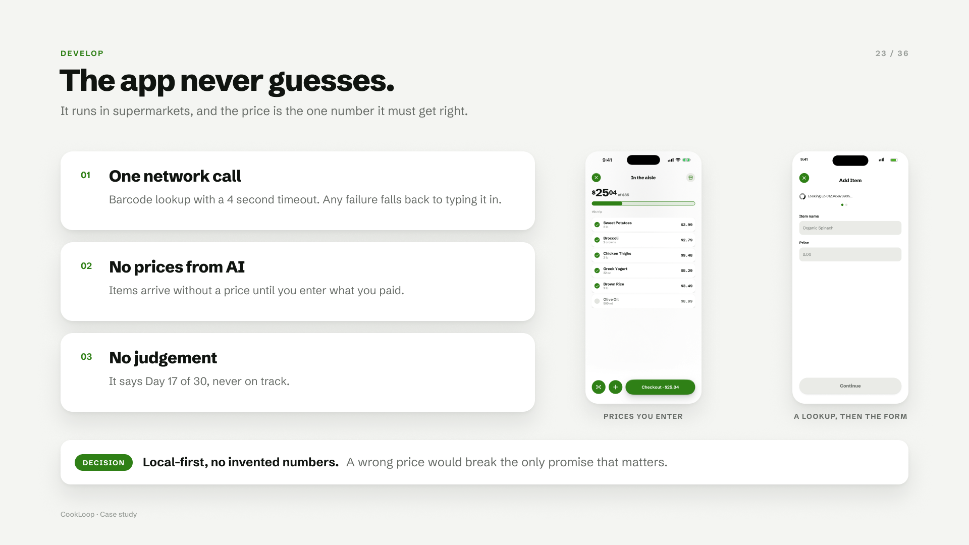 Three rules: one network call, no prices from AI, no judgement. Beside them, the aisle with prices you enter and a barcode lookup