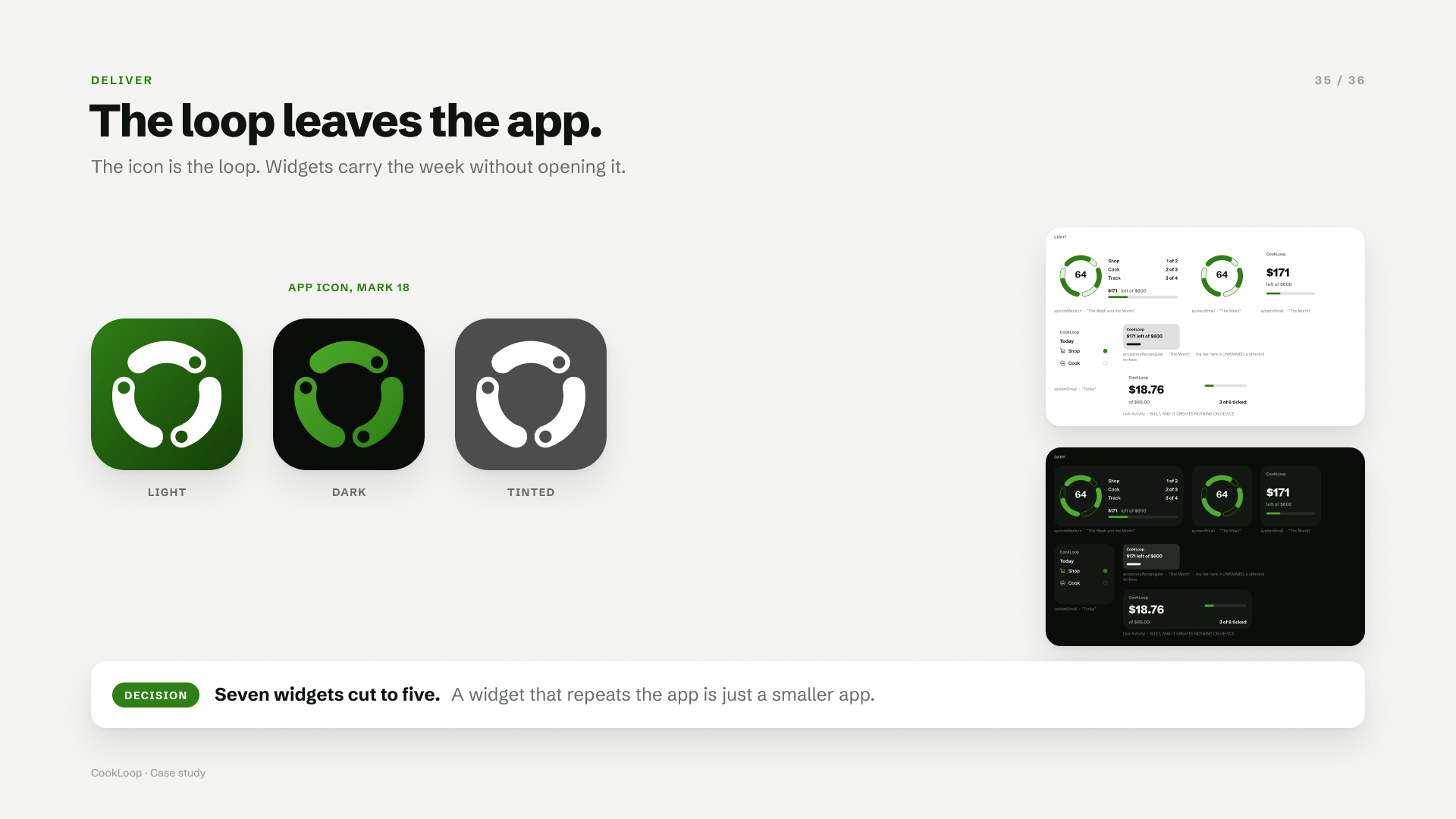 The app icon in light, dark and tinted, beside the widget set in light and dark
