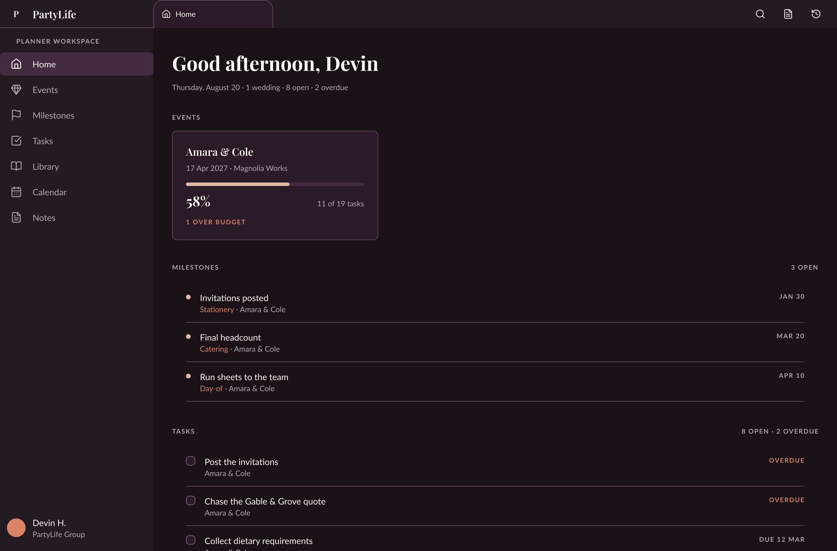 PartyLife Home, dark theme