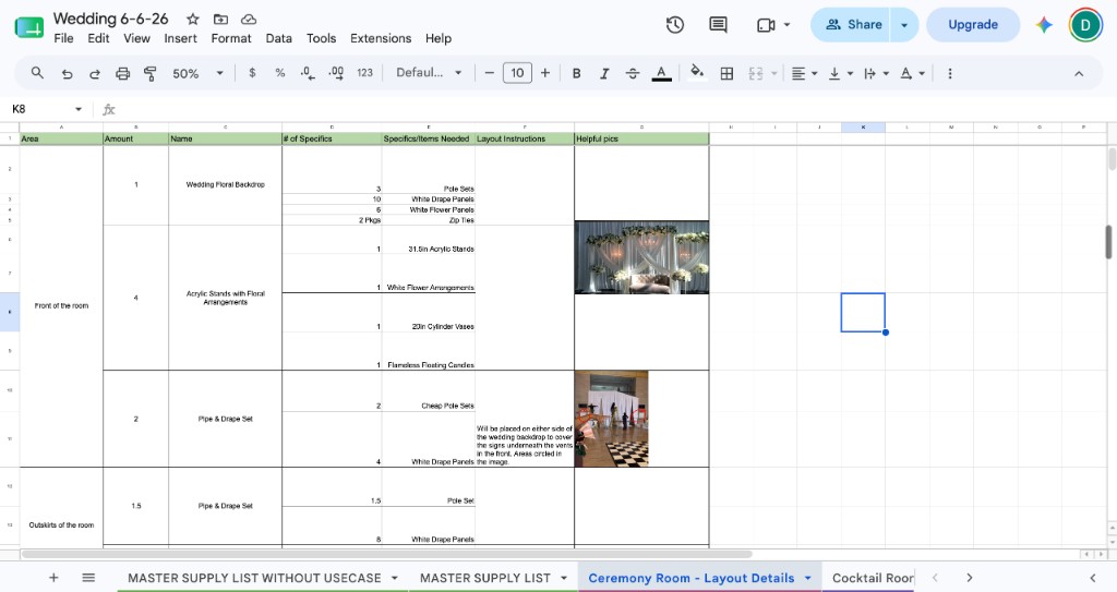 Google Sheet for Wedding 6-6-26, Ceremony Room layout details