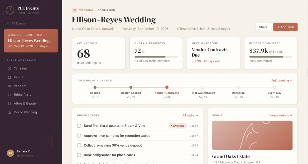 PLE Events Event Studio dashboard for the Ellison-Reyes Wedding