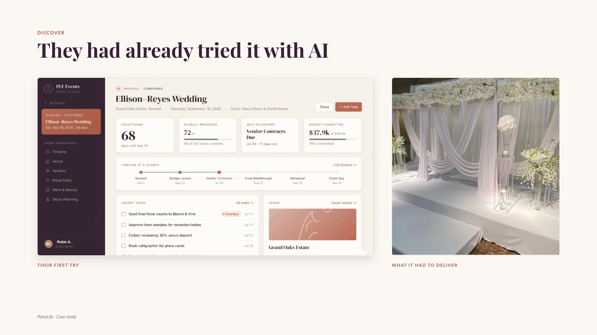 Their first try, an AI-built event dashboard with sample wedding data, beside a photo of a finished ceremony backdrop