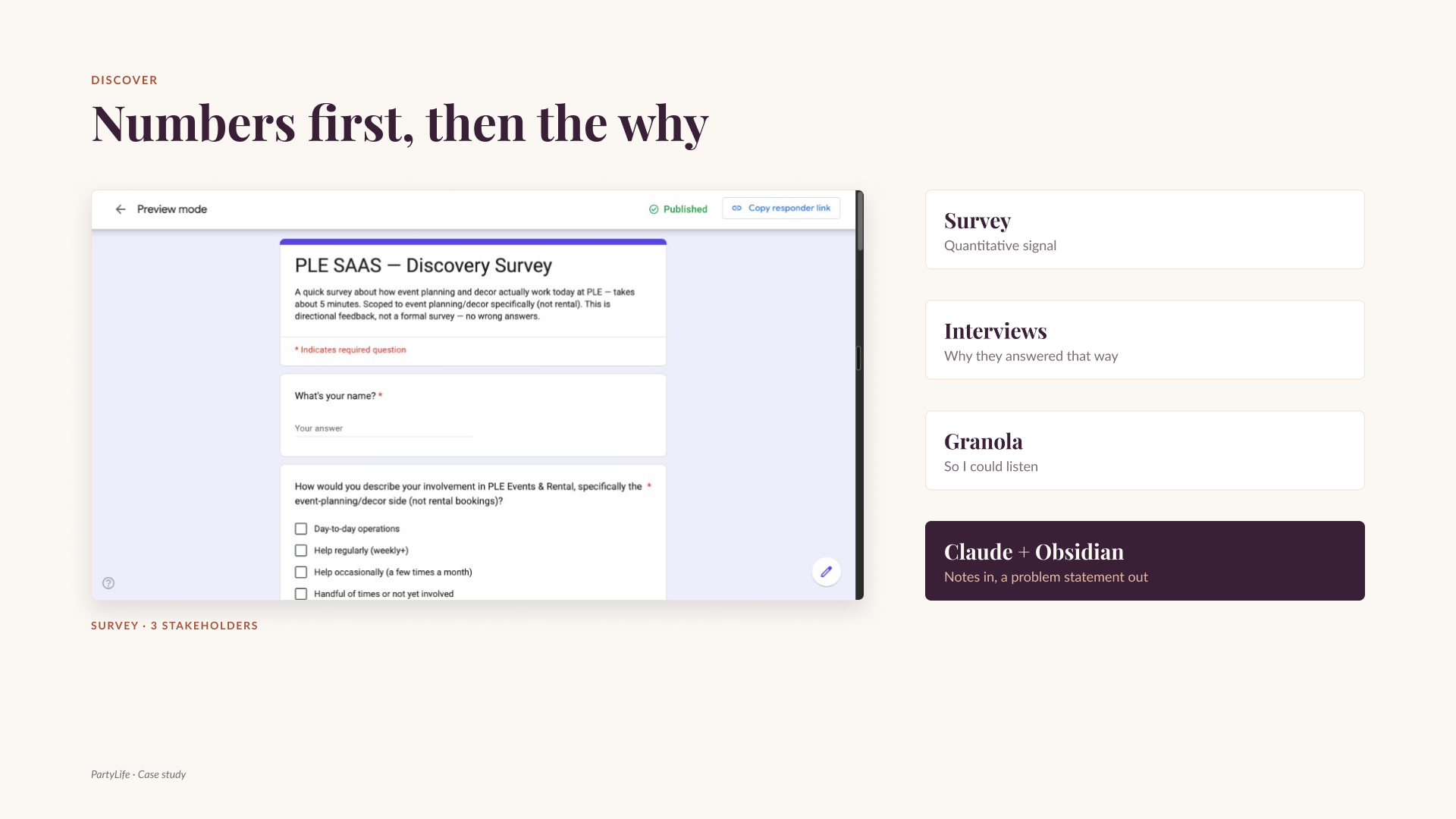 The discovery survey in Google Forms, beside four steps: survey, interviews, Granola, and Claude with Obsidian