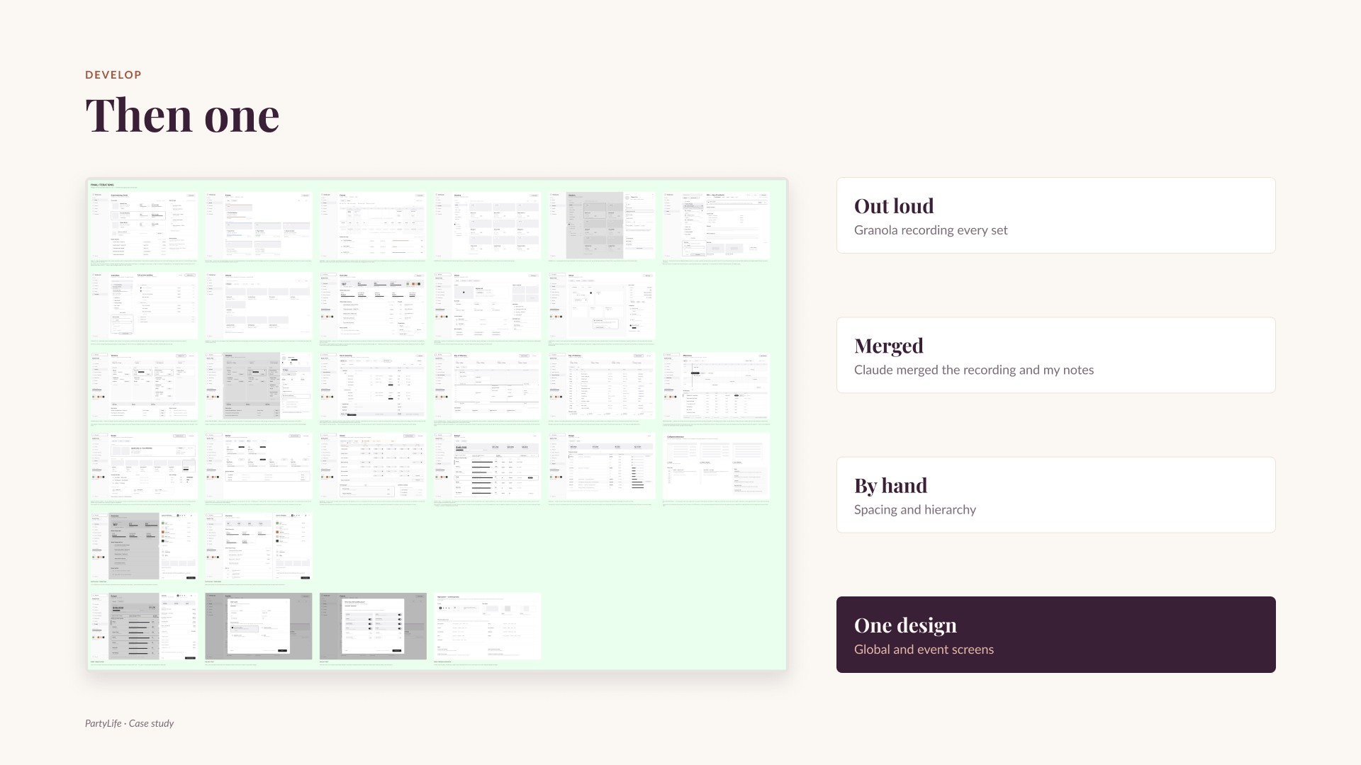 The merged final wireframes, beside four steps: out loud, merged, by hand, and one design