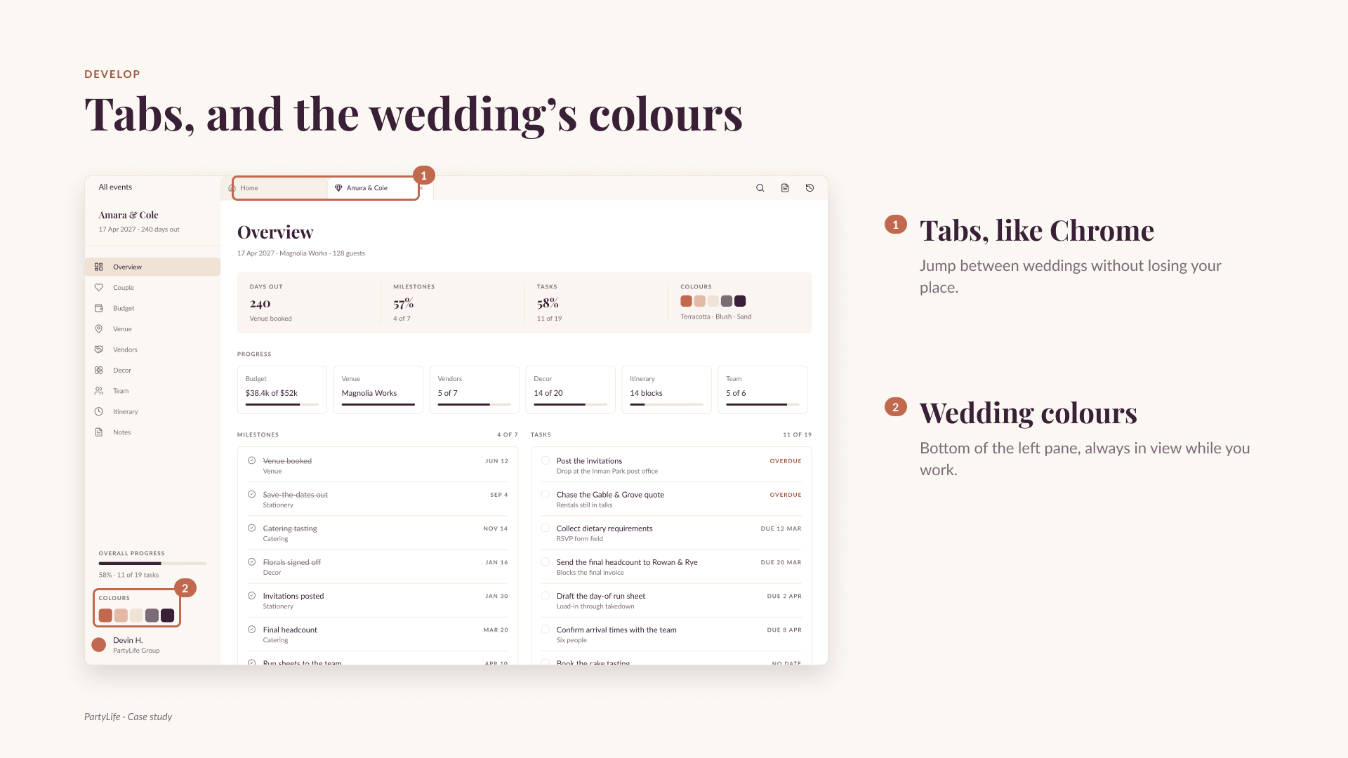 The event workspace with Chrome-style tabs at the top and the wedding's colours at the bottom of the left pane, both called out
