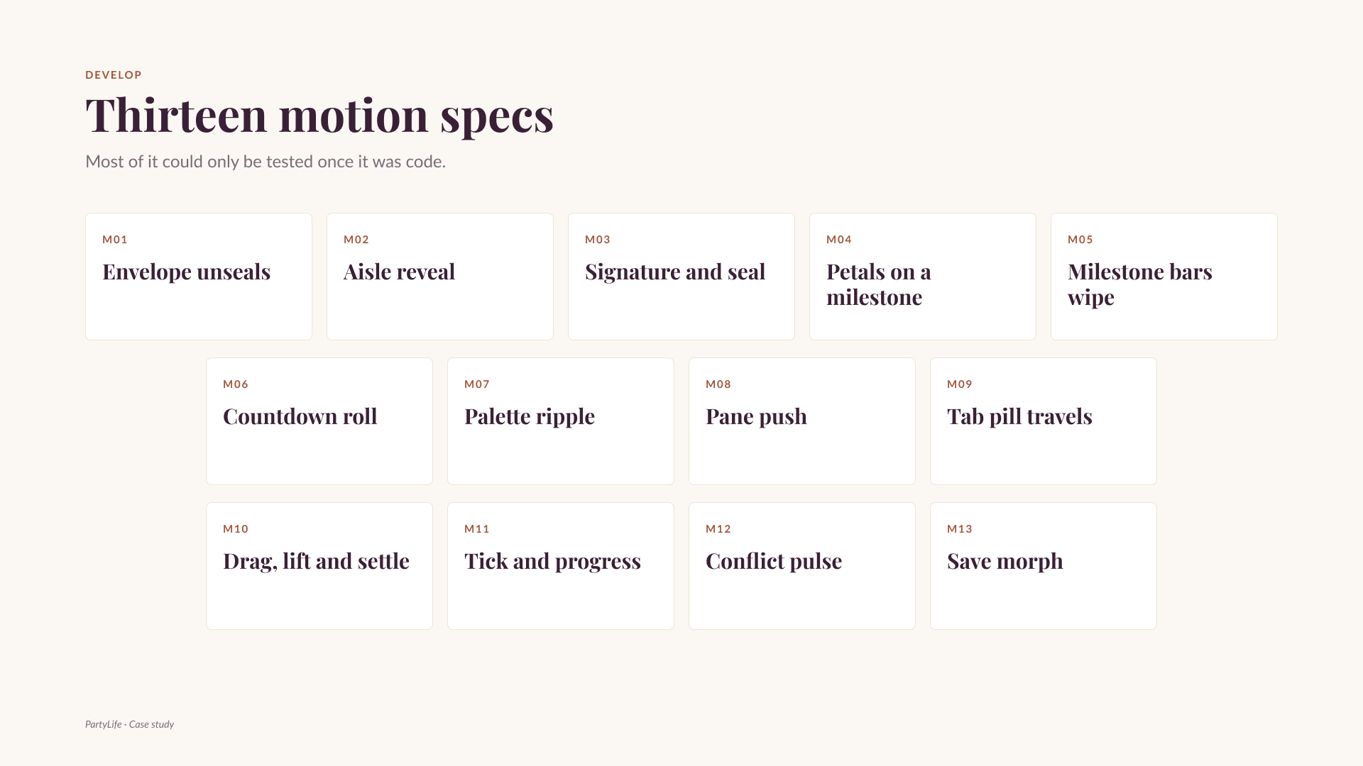 Thirteen motion specs by name, from an envelope that unseals to a save that morphs in place