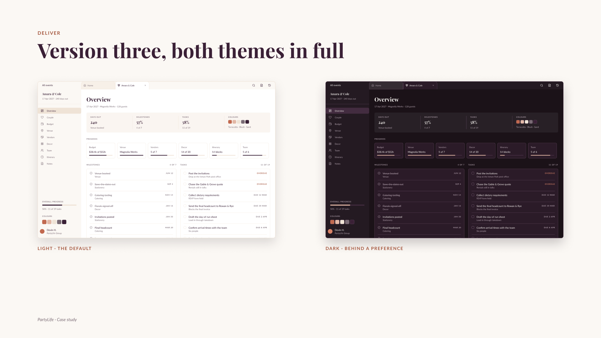 Version three of the event Overview side by side, light as the default and dark behind a preference