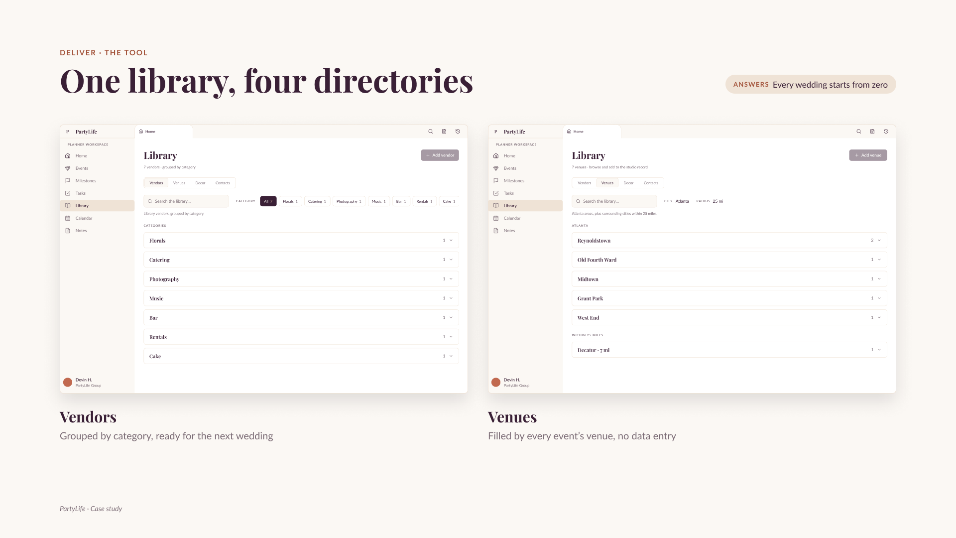 The library: vendors grouped by category, and venues filled in by every event